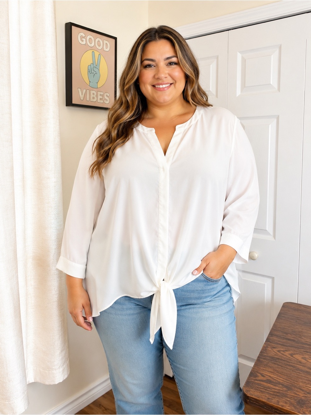Chico’s Size 3 White Tie Front High-Low Blouse 3/4 Sleeve Flowy Top Office Date